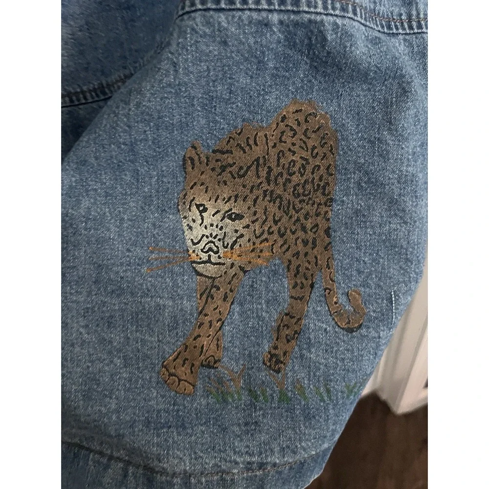 Vintage Shacket Shirt Jean Western Leopard Cheetah Painted XXL‎ Denim Button 460